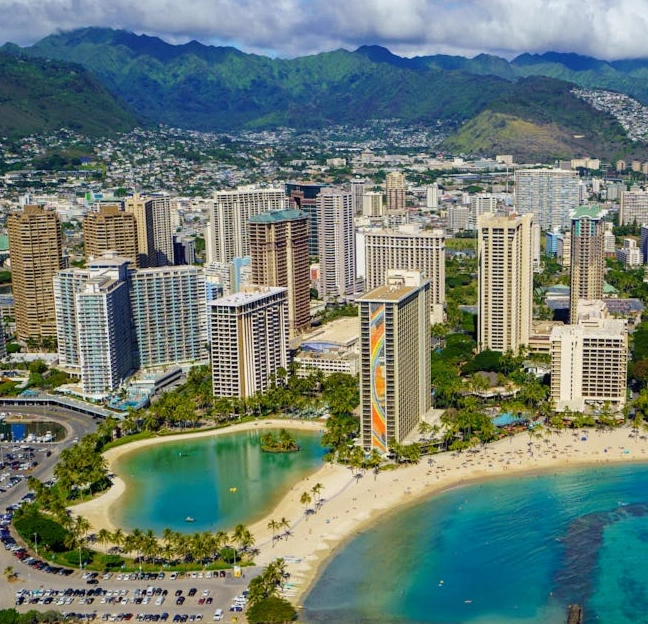 Waikiki beech and lagoon with hotels and mountains